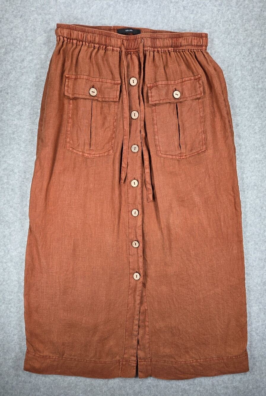Nicole Miller NY Linen Midi Skirt M Medium Rust Orange Button Front Utility Boho